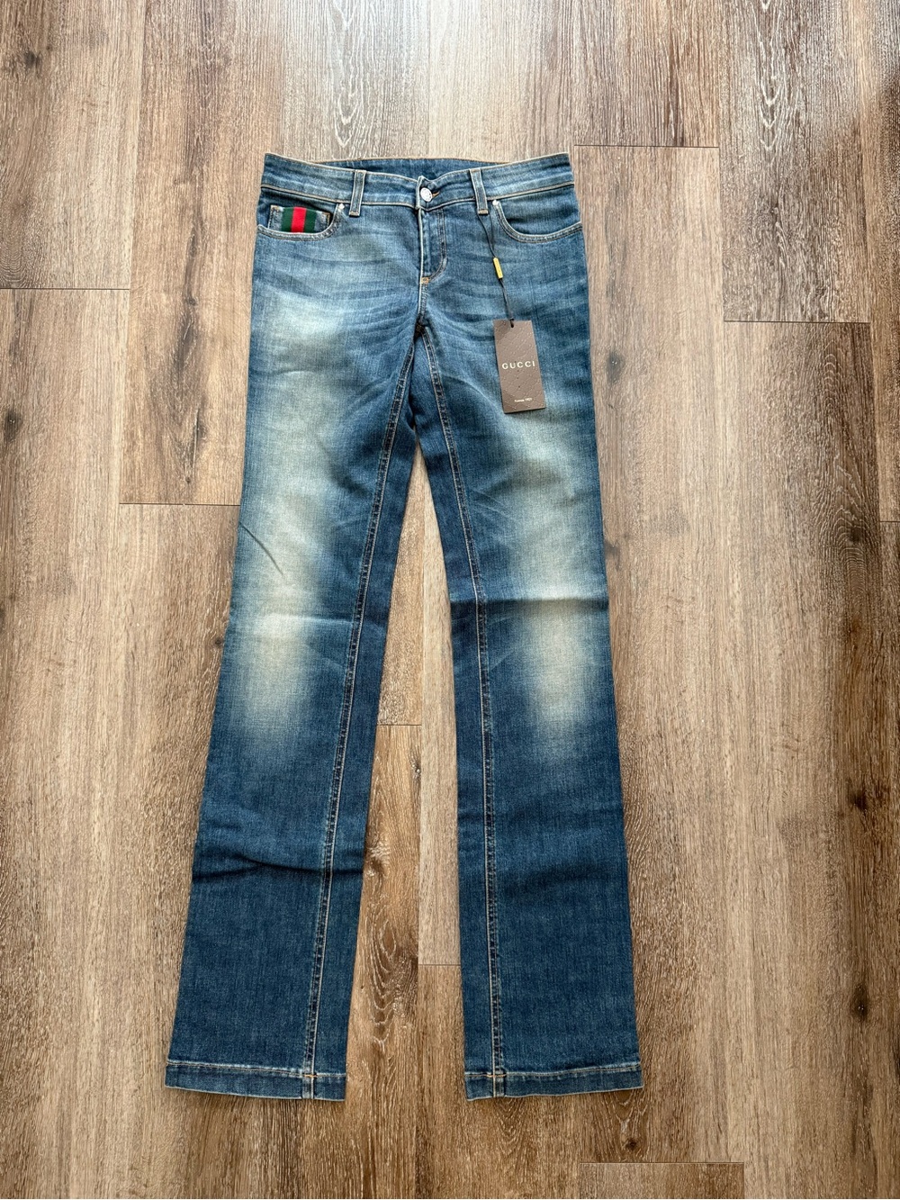 New Gucci Blue Denim Jeans with Green and Red Web Detail Size 27